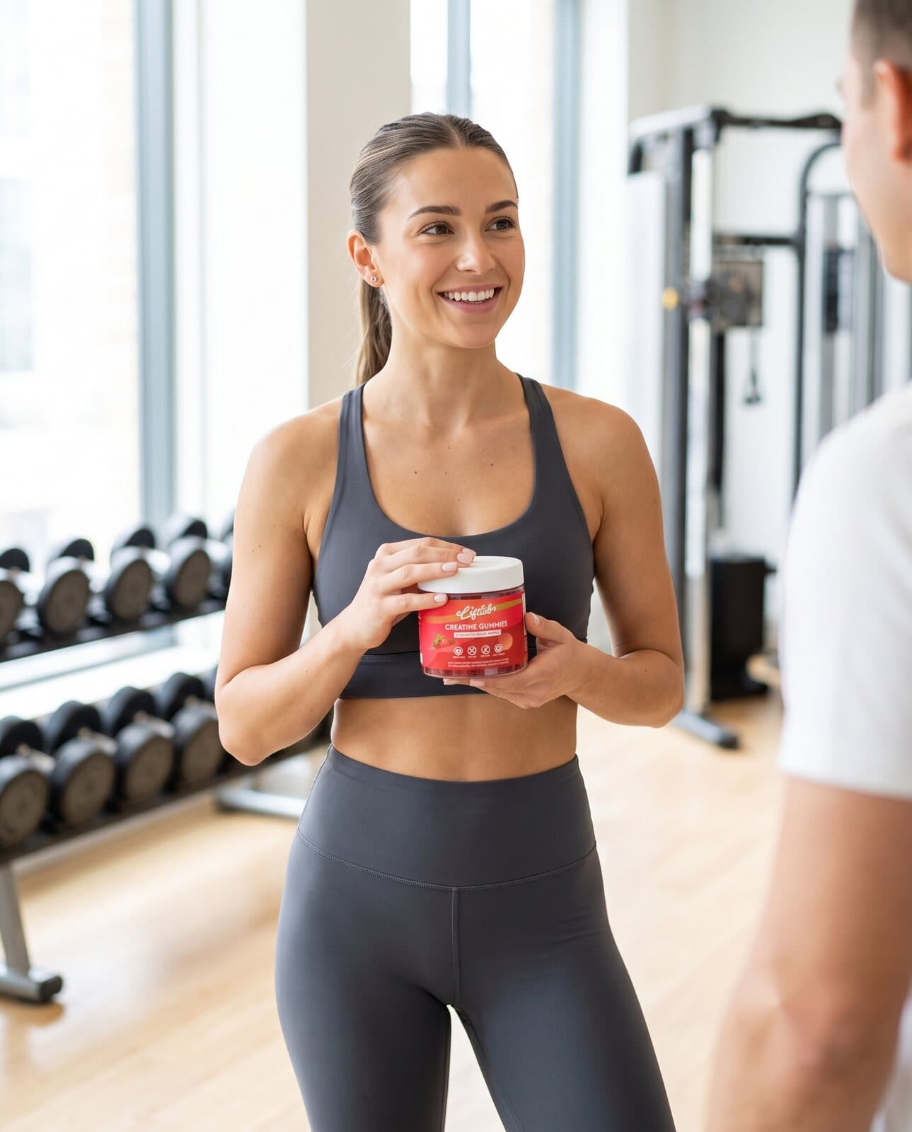 A woman in activewear at the gym holding LiftLab strawberry creatine gummies