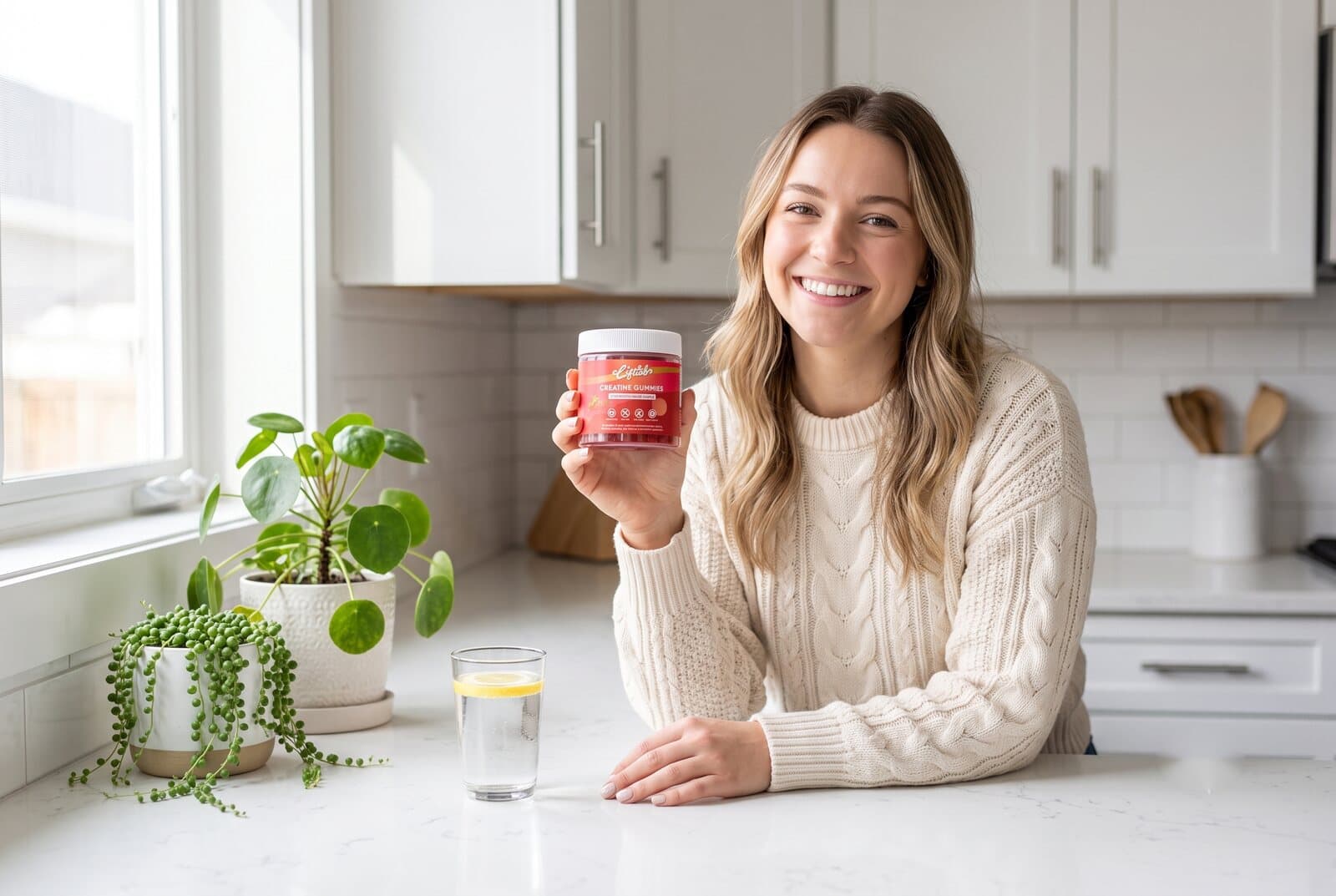 A woman in a bright kitchen holding LiftLab strawberry creatine gummies