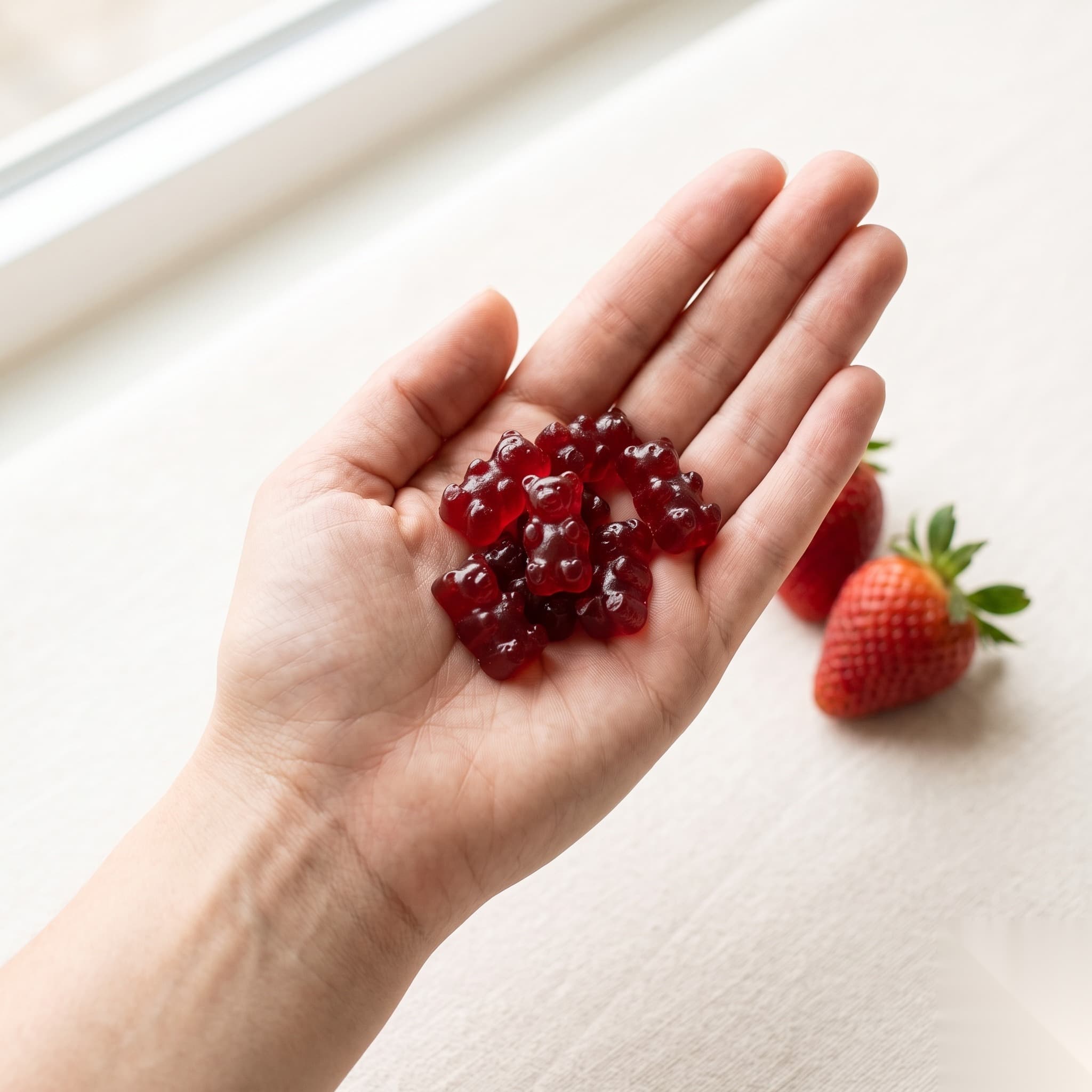 A hand holding a small pile of LiftLab strawberry creatine gummy bears
